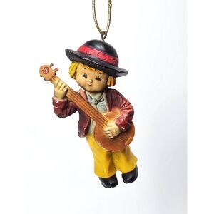 Vintage Musician Boy Christmas Ornament Hand Painted Ceramic Figurine 1970s